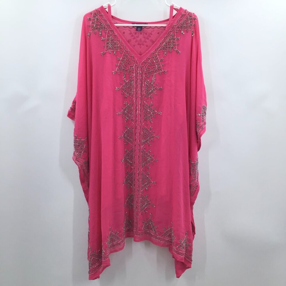 Women's 30/32 Hand Beaded 2 Piece Dopamine Pink Boho Tunic Semi-Sheer V-Neck